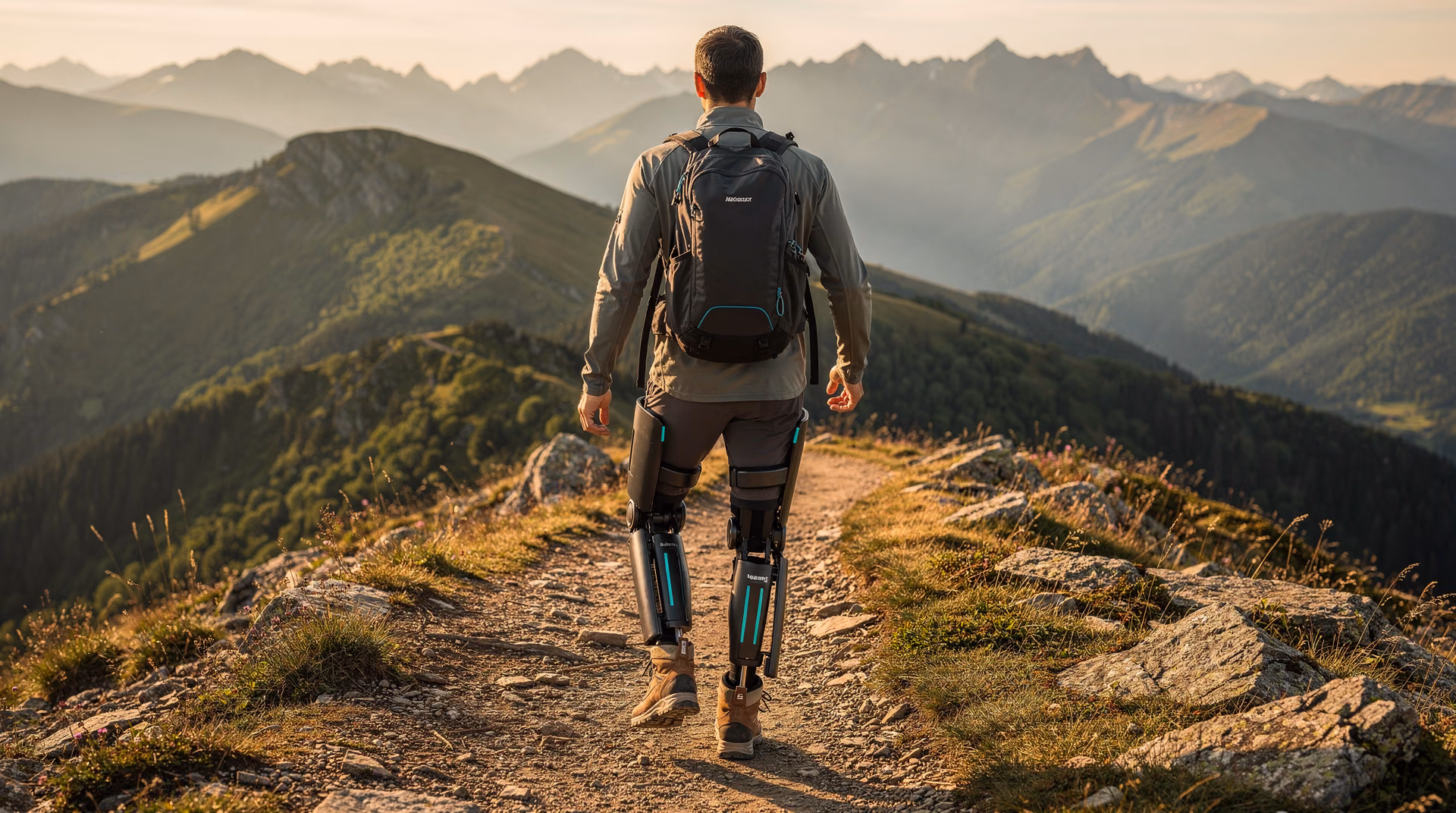 Randonneur équipé d'un exosquelette de marche sur un sentier de montagne au coucher de soleil