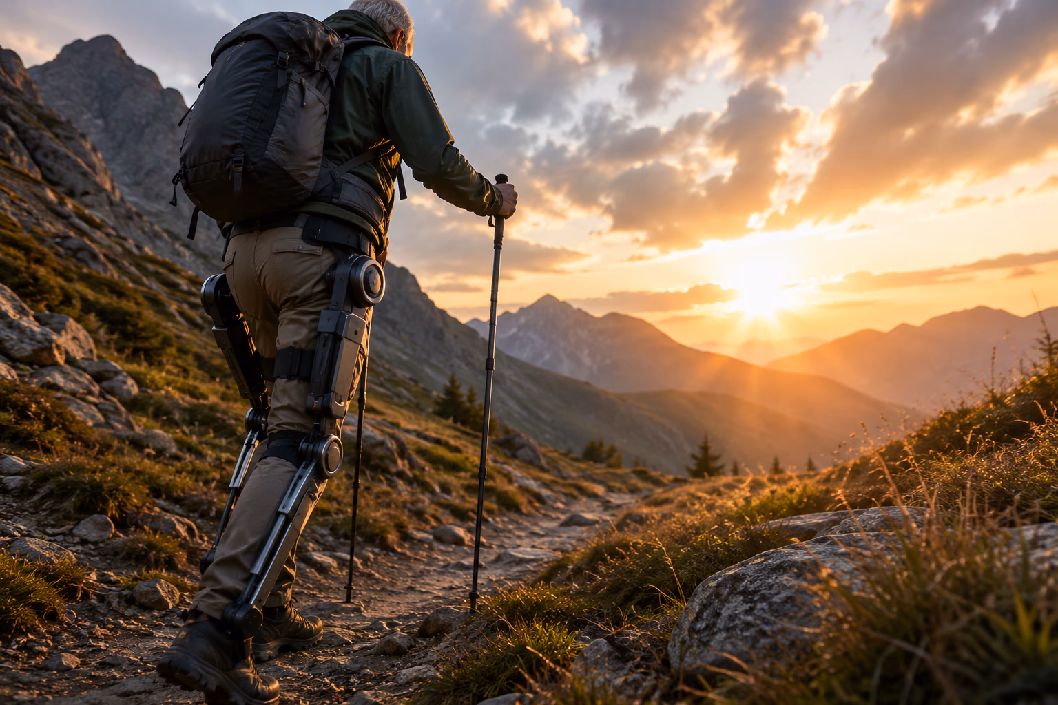 Gros plan sur l'articulation motorisée d'un exosquelette grand public porté au niveau de la hanche