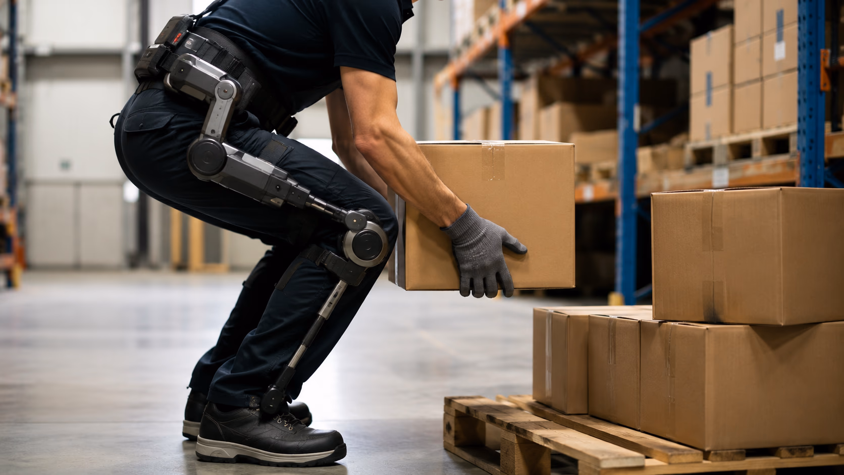 Opérateur en entrepôt logistique portant un exosquelette industriel actif pour soulever un carton